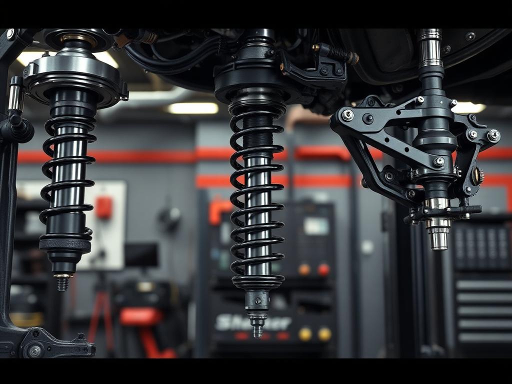 Suspension and steering components on a workbench