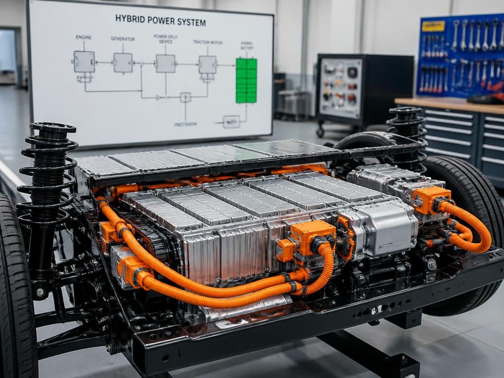 Hybrid battery pack with orange high voltage cables exposed for training