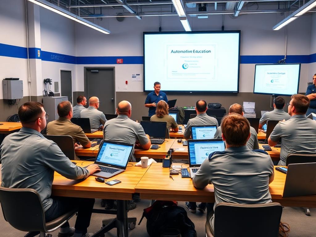 Automotive technicians attending a Miami-Dade continuing education seminar