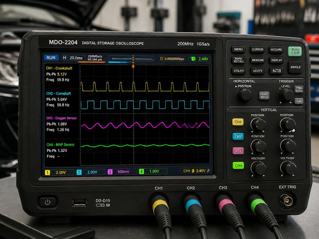 Electronic oscilloscope displaying car sensor diagnostic wave patterns